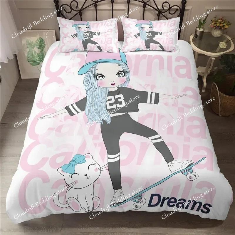 Musical Girl King Queen Duvet Cover Modern Fashion Girly Bedding Set for Kids Teens Adults Cartoon Hip Hop style Quilt Cover