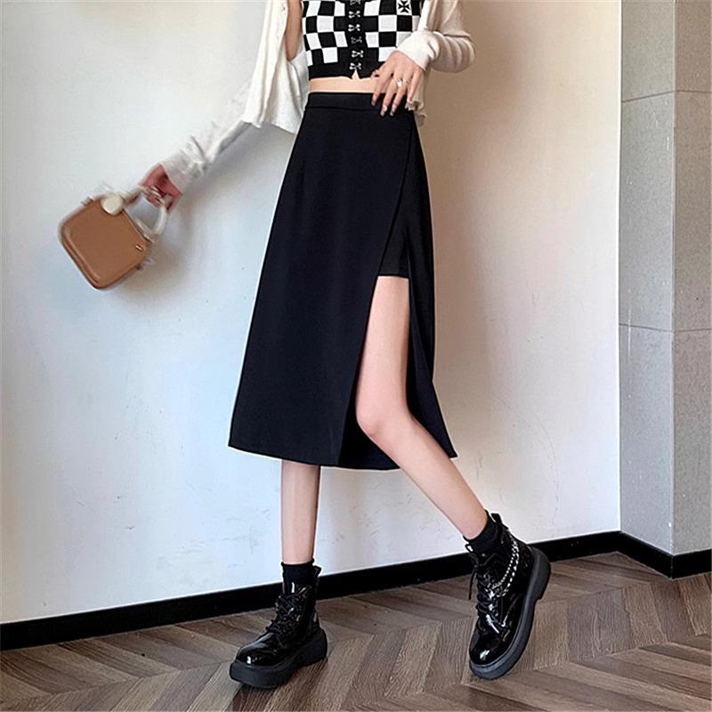 Women's Medium-Length Black Slit A-Line Skirt, 2024 Spring Collection, High Waist, Fashionable and Elegant