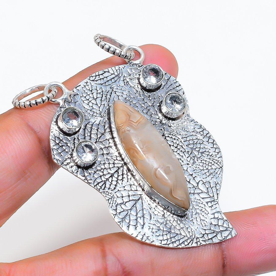 Natural Laguna Lace Agate, Topaz 925 Sterling Silver Jewelry Pendant 2.56" ZS-540