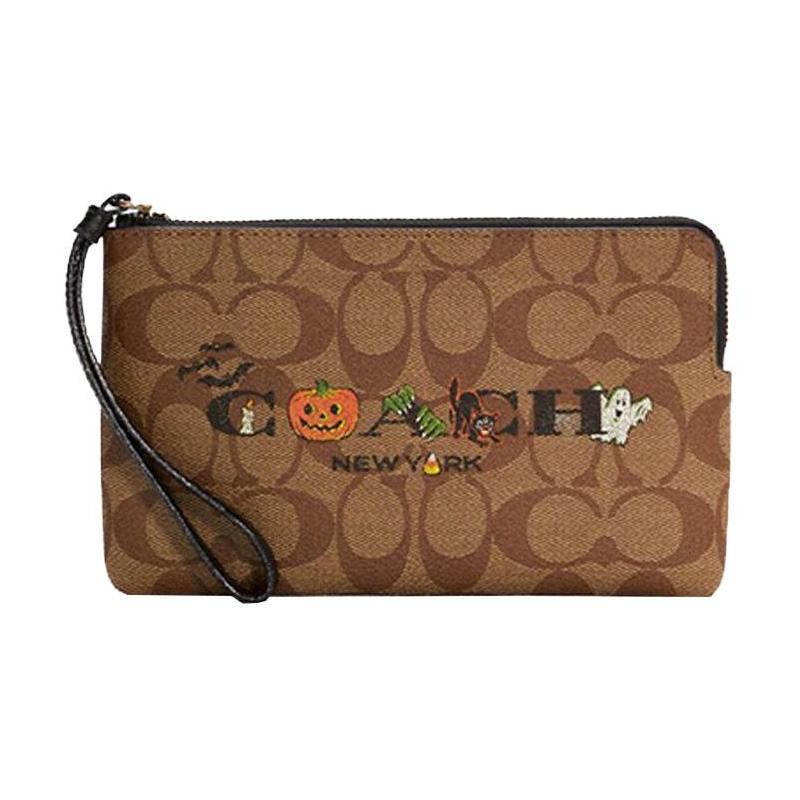 

COACH Corner Zip 20 classic print zipper opening and double card slots coated canvas and leather wrist bag clutch small size women s khaki and black чорний