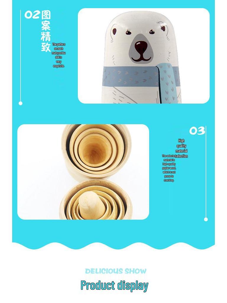 5-Layer Wooden Russian Nesting Dolls: White Big Bear Design for Children's Home Decor and Gifts