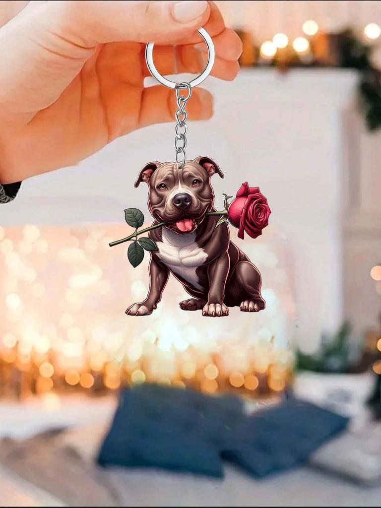 1 piece of cute little dog keychain with rose in its mouth,innovative design, DIY backpack decoration, romantic acrylic keychain