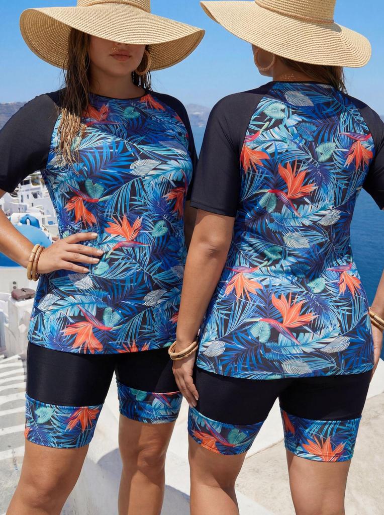 European & American Plus Size Sun Protection Two-Piece Swimsuit - Blue/Yellow Patchwork Half Sleeve Vest & Printed Bottom