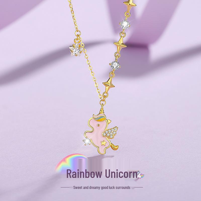 Tichia Rainbow Unicorn Necklace: S925 Silver Starry Collarbone Chain for Women