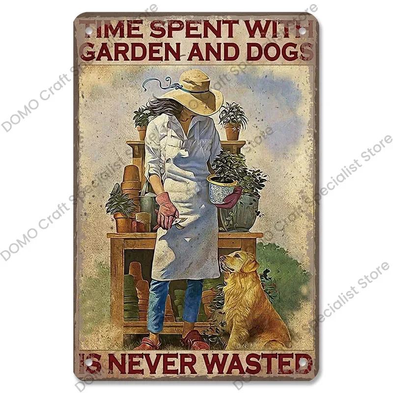 Vintage Garden Metal Tin Sign Plaque Pc  CatDogSunflowersGirl Design Ideal Wall Decor for Flower ShopManorLiving Room