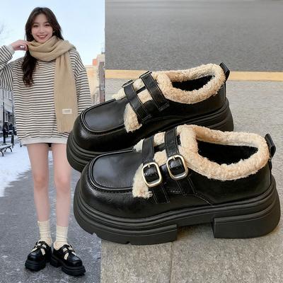 Mocassins de sola grossa para mulheres novo outono e inverno com adição de sapatos de algodão aveludado e sapatos de couro com aumento de altura