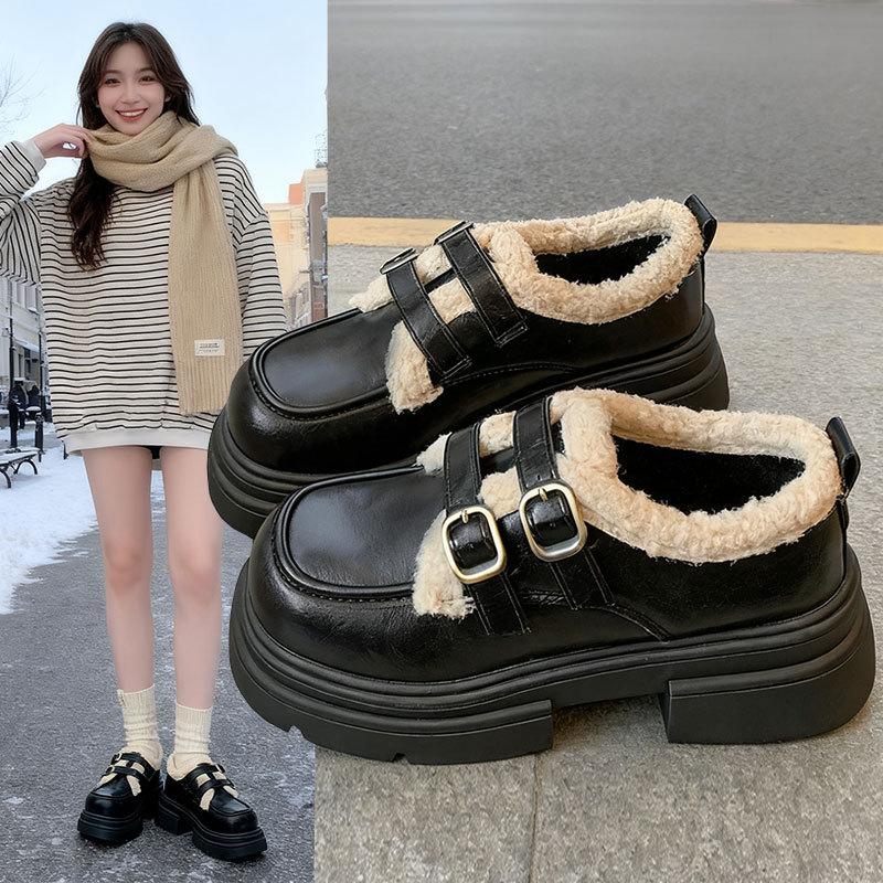 Loafer mit dicker Sohle für Damen, neu Herbst und Winter mit zusätzlichen Samt-Baumwollschuhen und höhenverstärkenden Lederschuhen