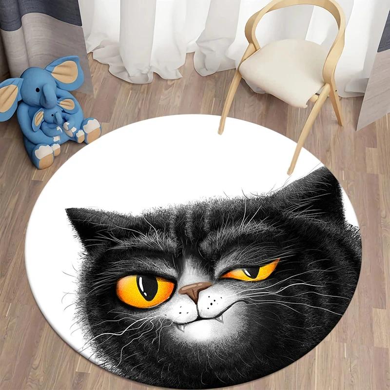 Black Cat Round Carpet Kawaii Cartoon Animal Print Rug for Living Room Bedroom Chair Decor Comfort Yoga Mat Non Slip Floor Mats