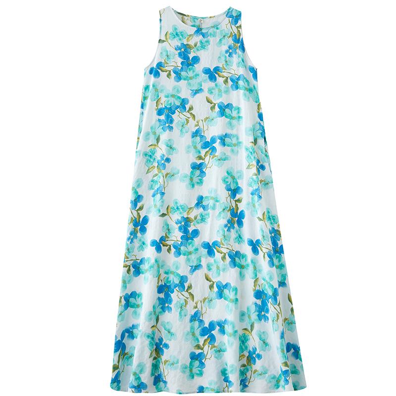 DIMANAF 2025 Women Linen Summer Flower print Dress Casual Ladies Basic Long Dress 8087