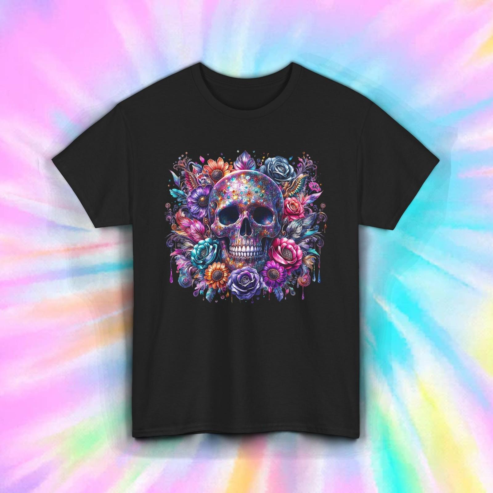 Psychedelic Skull Floral T Shirt Colorful Grunge Graphic Tee Goth Art S-5XL S