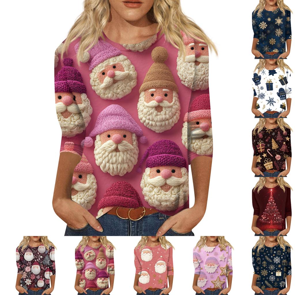 Women's Fashion Casual Round Neck Three-quarter Sleeve Christmas Print T-shirt Top