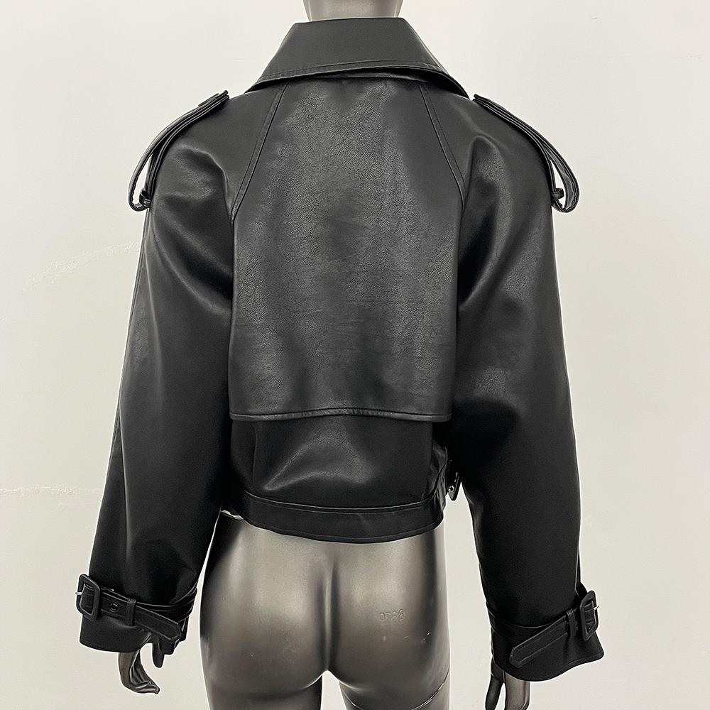 OFTBUY Dámská vintage volná krátká bunda z umělé kůže s páskem na motorku, dámská retro moto bikerská bunda, svrchní prádlo, topy