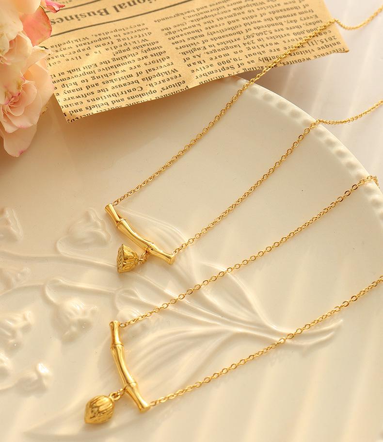 18K Gold Plated Bamboo Lotus Pod Pendant Necklace - European & American Niche Design, Personalized Titanium Steel Jewelry