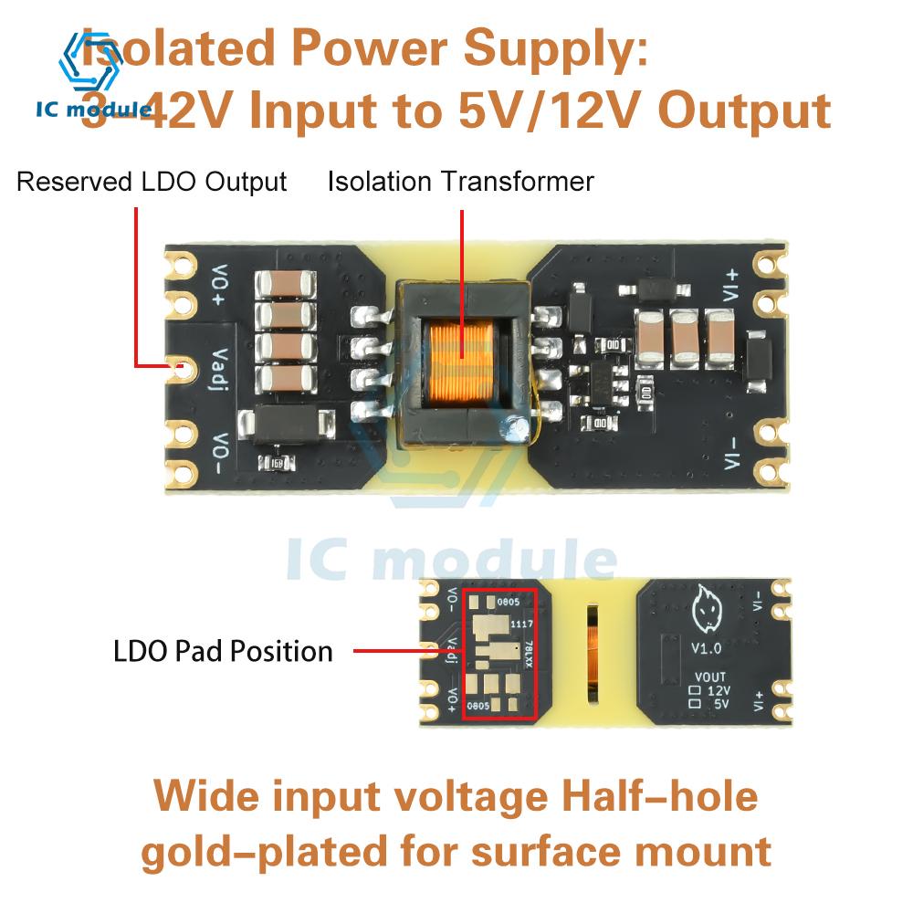 JW3510 Isolated DC-DC Buck-Boost Converter Module - 3-42V Wide Input to 5V/12V Output with LDO Reserved