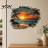 Easy Installation Wall Coverings 3D Beach Scenery Sticker, Sunset Coconut Tree Mural, PVC Waterproof Decal, Application Art Decor Removable for Living