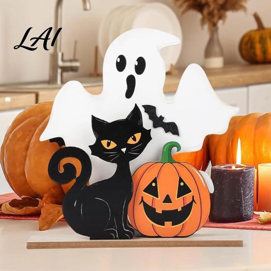 Holiday Window Display Items Halloween Table Decor Wooden Black Cat Ghost Pumpkin Decorations Indoor Cute Compact Festive Ornaments Gifts Room Decor