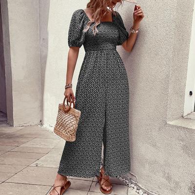 Women's Square Neck Jumpsuit Floral Puff Short Sleeve Wide Leg Pants Romper Summer Casual Overall One-Piece Loungewear Outfit