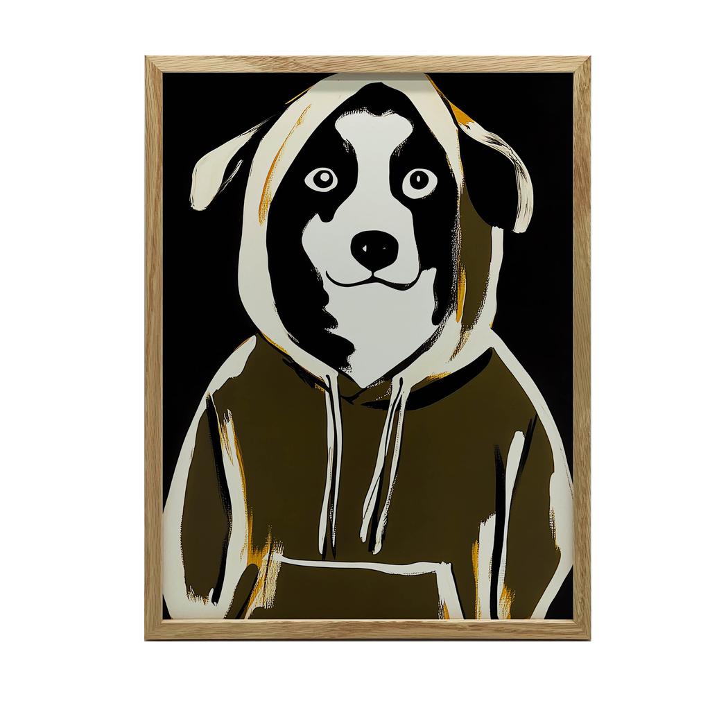 Poster Cute Dog In a Sweatshirt Poster Cute Dog In a Sweatshirt, 30X40 Cm, Dark Brown Wooden Frame, 230 Gsm Matte Paper