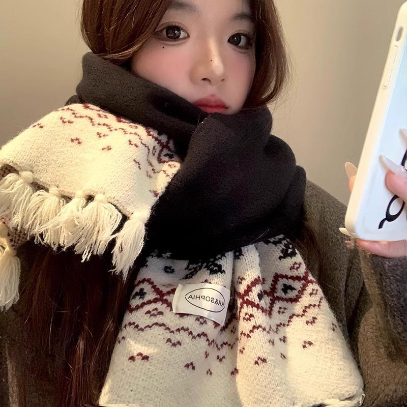 Red bow knitted fringed scarf women's winter atmosphere versatile Christmas warm student scarf