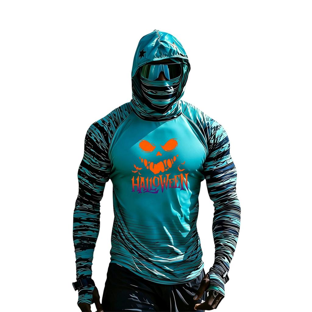 Men's Casual Raglan Color-Block Hooded Long Sleeve Sun T-Shirt with Halloween Print (Sunglasses Not Included)