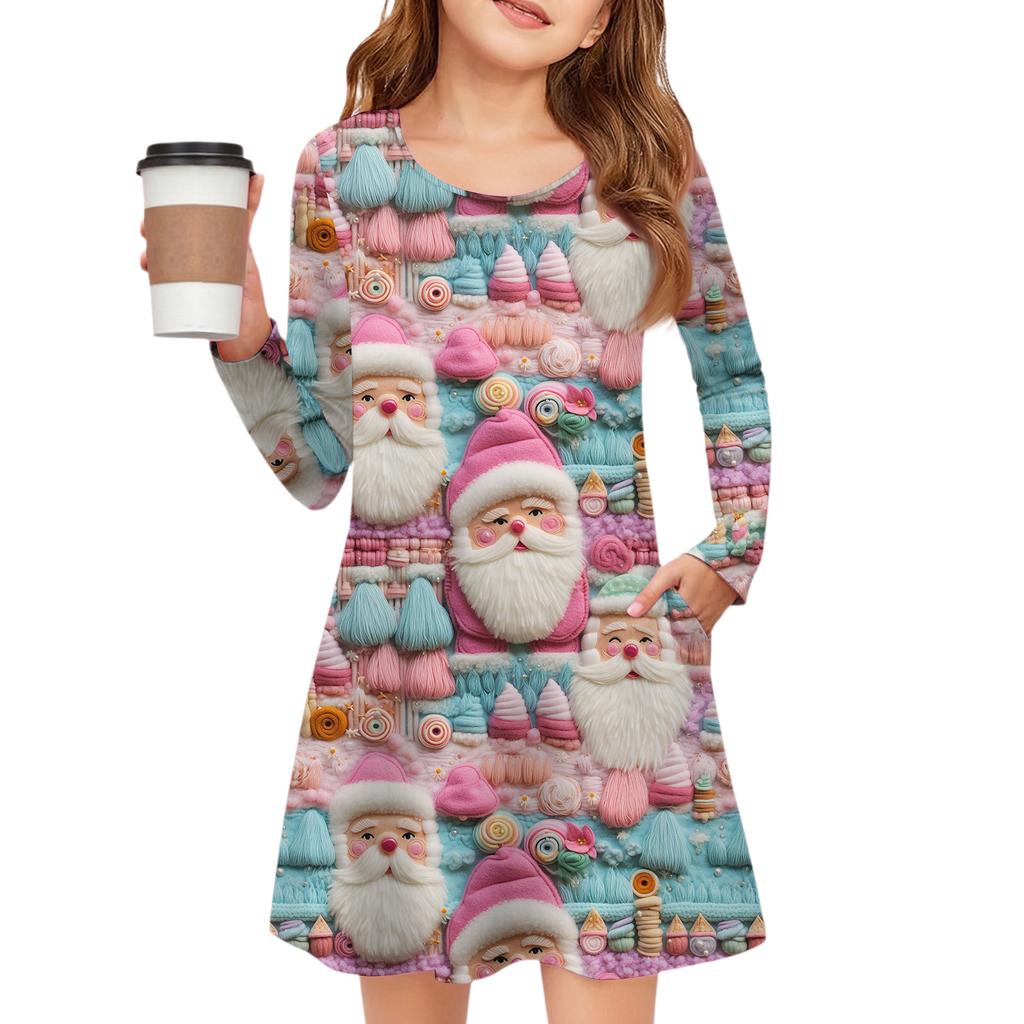 Christmas Day Girls' Long Sleeve Dress - Color Pocket Dress