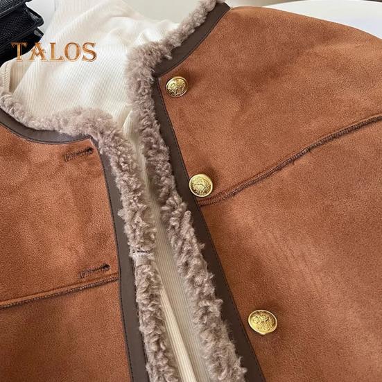 Wintermantel für Damen, dicker Plüsch, kurzer Typ, Rundhalsausschnitt, reine Farbe, einreihig, locker, hält warm, tägliche Schulpendeljacke