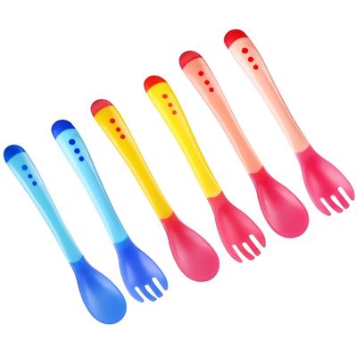 2pcs Baby Temperature Sensing Tableware Set Utensil Toddler Dinnerware Cutlery Cartoon Infant Food Feeding Spoon Fork