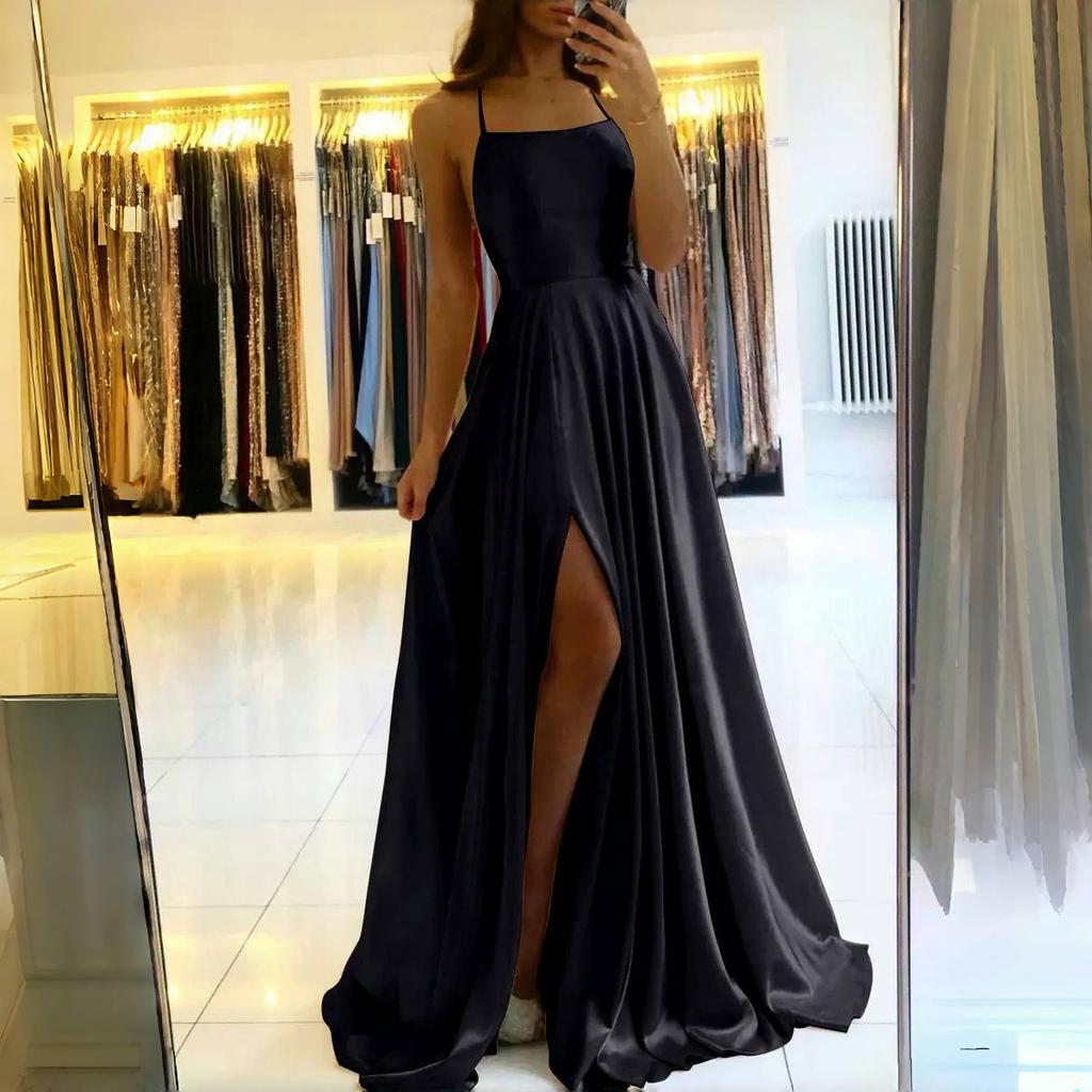 LYRIA Burgundy Satin Beach Maxi Women Dress for Christmas Sexy Side Slit Adjustable Straps Evening Prom Dress Cheap Bridesmaid Dresses