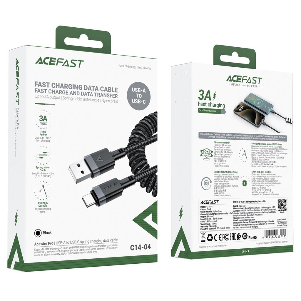 Kabel Acefast C14-04 Usb-A - Usb-C Sprężynowy 480Mb/S 3A 1.2M - Czarny