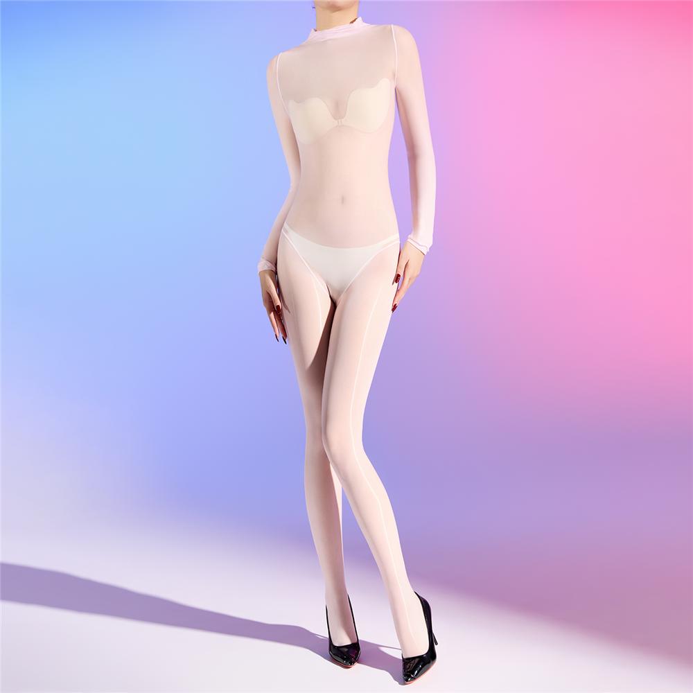 Sexy Women Cosplay Maid Tights 5D Oil Glossy Elastic Bodysuit Sheer See Through One-Piece Thong Nine Sleeve High Neck Leotard
