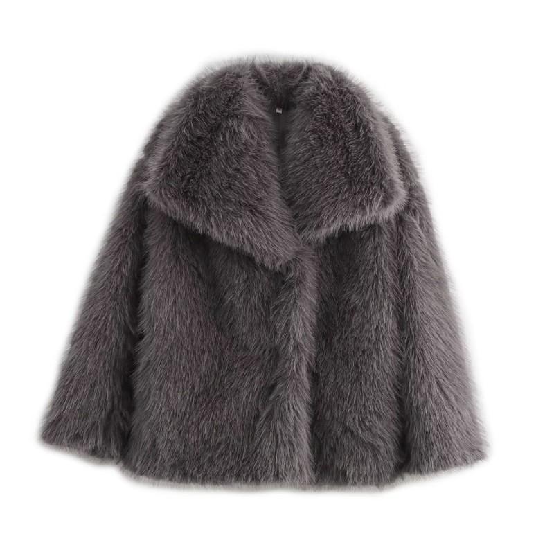 Damen Kunstpelz Kurzmantel Winter Streetwear Oversized Lockerer Schnitt Einreiher Jacke Schwarz Beige Weinrot Grau