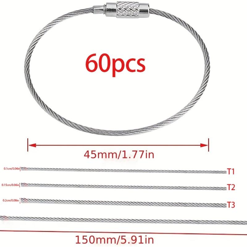 60Pcs Stainless Steels Wire Keychains Rings Circle Metal Keychains Label Rope Braided Steels Chain Heavy Luggage Label Rings