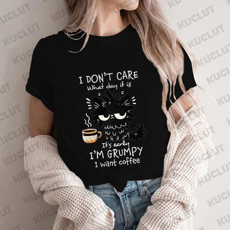 

I Want Coffee T-shirt Women s Summer Short Sleeved Y2k Top Fashion Hip Hop T-shirt Black Cat Comfortable Casual T-shirt S
