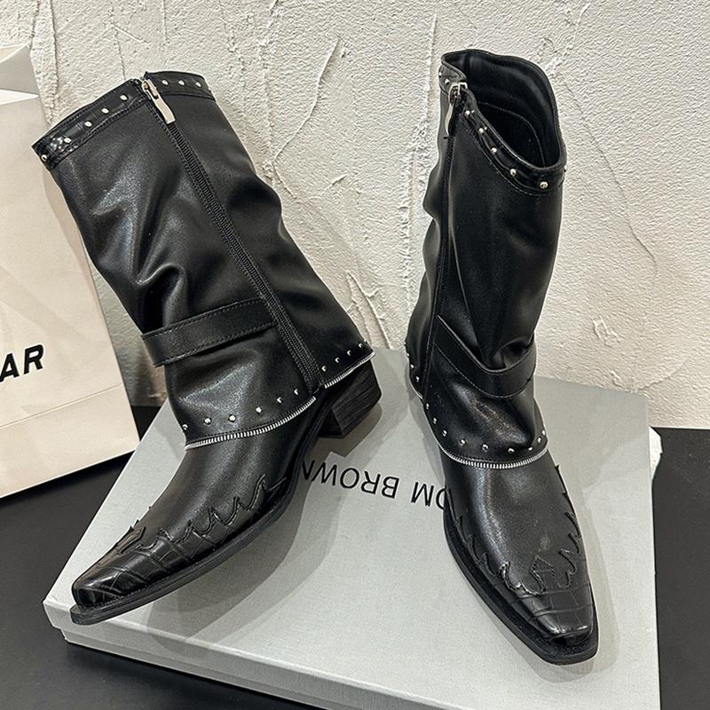 Fashion Goth Rivets Thick Heels Mid Calf Boots Women Fashion Pointed Toe Zipper Riding Boots Woman Spring Autumn Belt Buckle Punk Botas