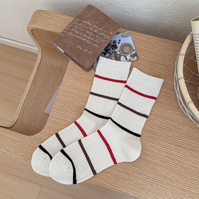 Wind Outfit Blogger Same Double-Needle Contrast Striped Socks Mid-Leg Socks Simple And Versatile Socks