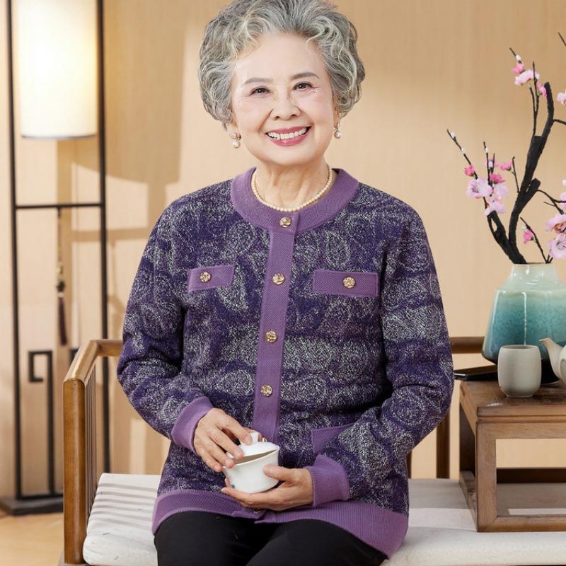 Loose Old Lady Spring and Autumn Coat Old Man Clothes Women Old Man Grandma Sweater Mother Clothing Thin Knitted Cardigan