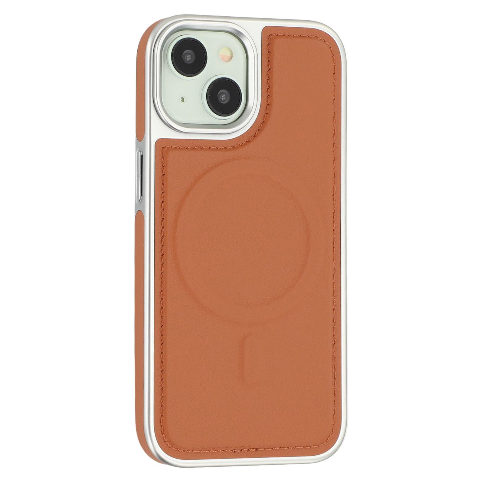 

For iPhone 15 Case Compatible with MagSafe Electroplating Edge PU+TPU+PC Phone Back Cover Brown
