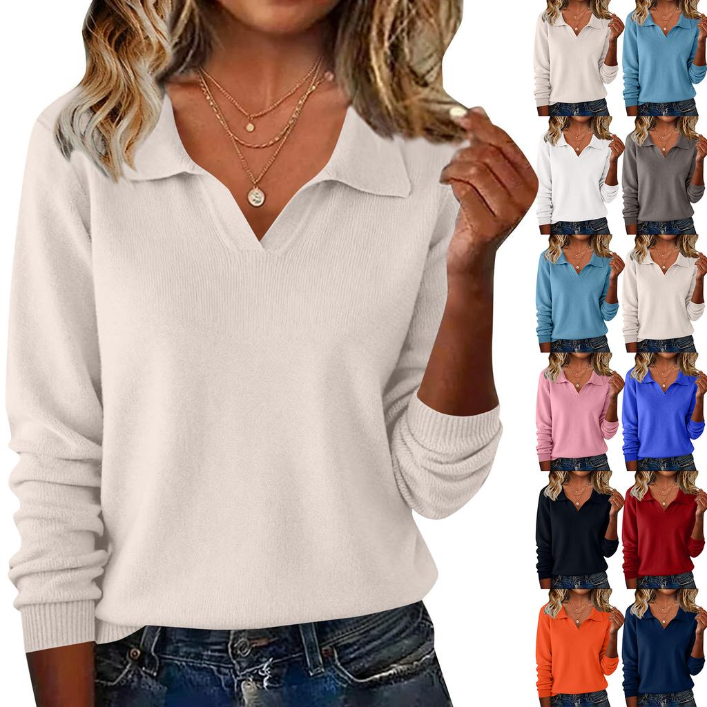 Women's Fashionable Casual Long-sleeved Knitted V-neck Sweater Top