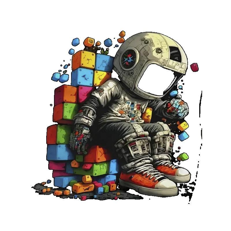 Black T-Shirt with Astronaut Sitting On Colorful Blocks Print for Casual Wear