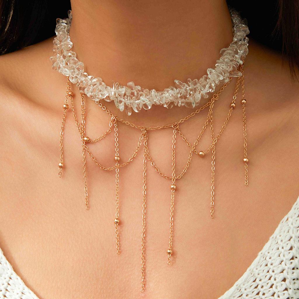 Spice Girl Wind Dopamine Double Fringed Clavicle Necklace Colored Irregular Gravel Clavicle Necklace Female