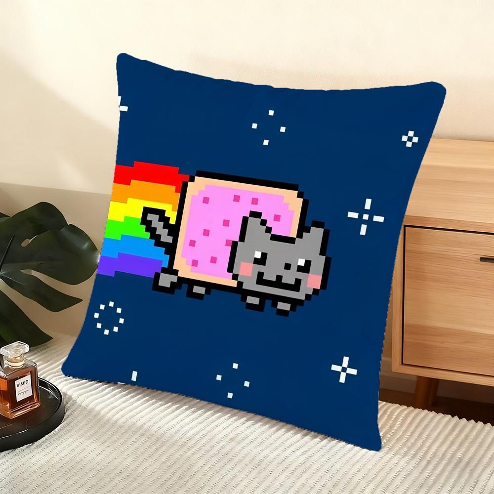 Cartoon Game N-Nyan-C-Cat Cushion Cover Soft Short Plush Pillow Cover Smooth Cozy Texture Aesthetic Cushion Case Home Decor