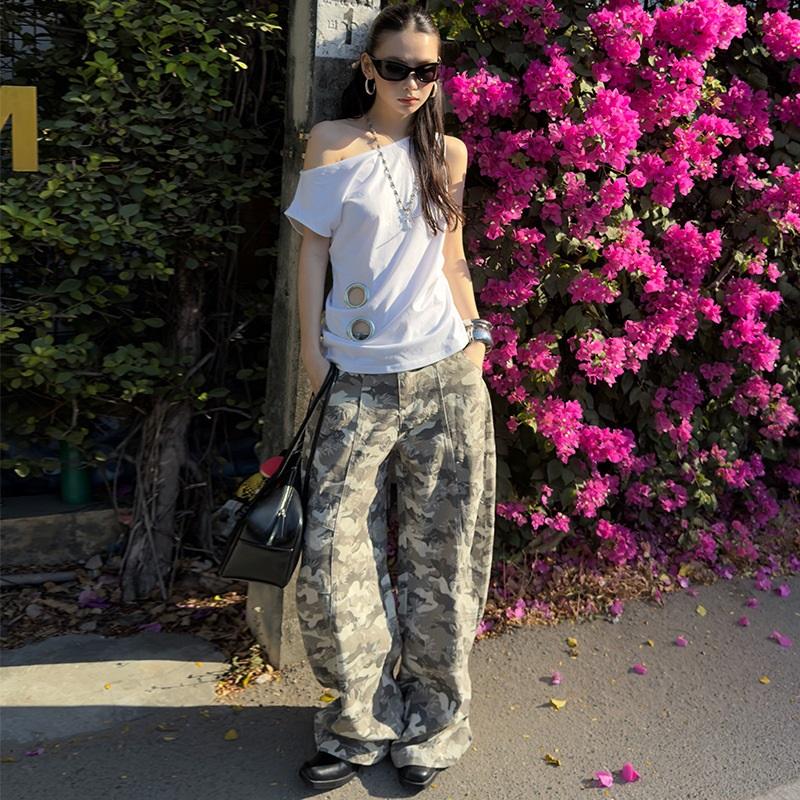 Street-style American foam print camouflage washed pants for women L