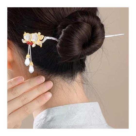 Miaomyao Hairpin, Single Stick Hair Accessory for Kimono/Yukata, Pearl Jade, Silver, "Golden Branches and Jade Leaves" Design, Elegant & Auspicious