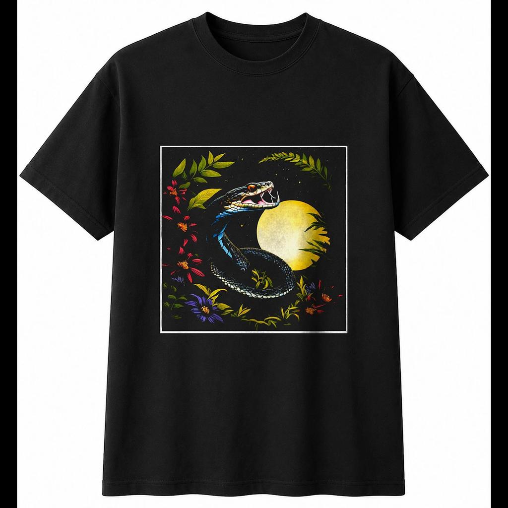 Botanical Cobra with Flowers Snake Mens T-Shirt Black 100% Cotton Animal Printed