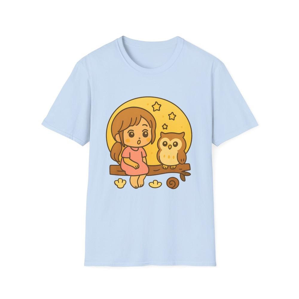 

Unisex Softstyle Moonlit Girl and Owl Tee – Whimsical with Stars 3XL