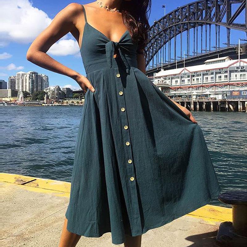 New Products Sexy Fashion Strap Button Backless Bow Dress Yellow Sun Dress