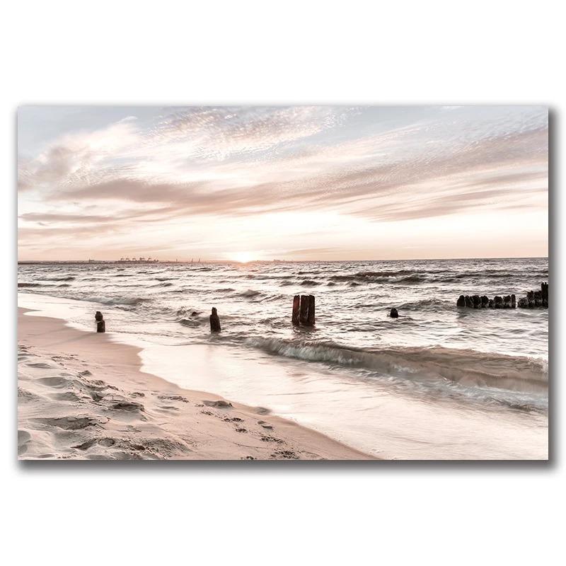 Nordic Wooden Bridge Hay Flower Sea Landscape Canvas Print Beach Poster Wall Art Painting Wall Pictures for Living Room Decor