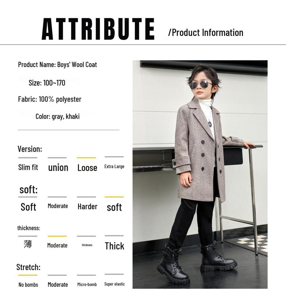 Boys' Mid-Length Wool Trench Coat - Stylish and Warm Korean-Style Overcoat for Autumn and Winter