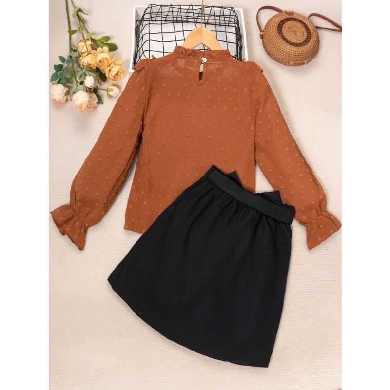Big girls long-sleeved + skirt fashion suit, autumn thin top with fungus edge decoration and see-through neckline, long-sleeved belt, horn cuffs