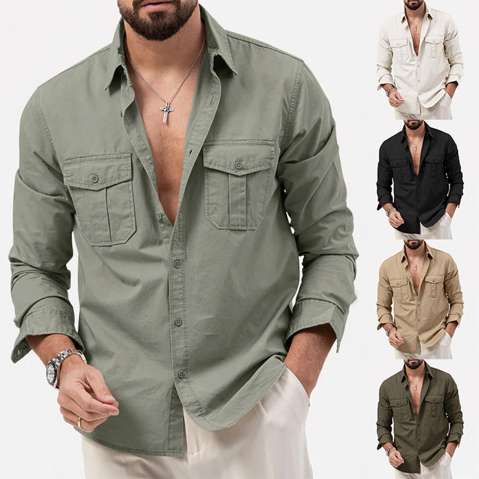 

Men S Shirt With Double Pockets, Casual Long Sleeved Top, Fashionable Cardigan L армія зелений колір